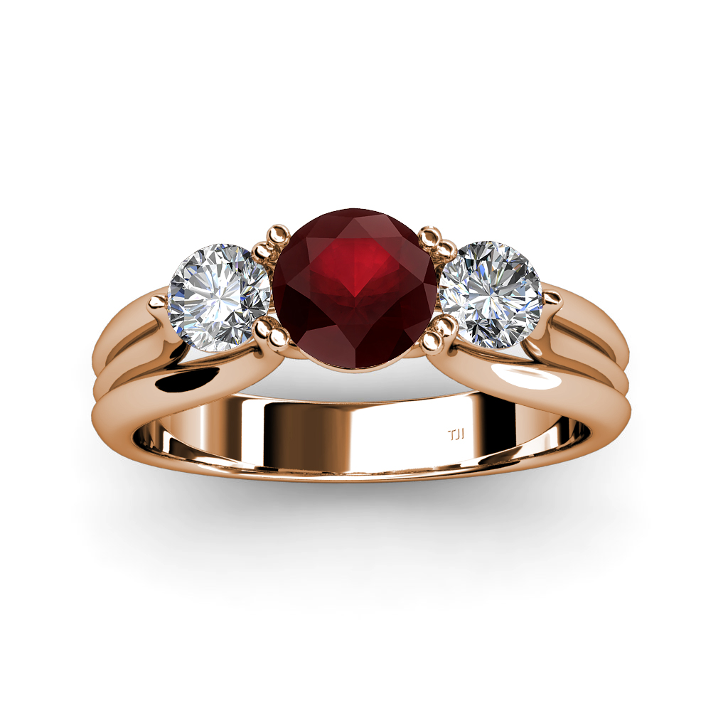 Red Garnet & Diamond 3 Stone Ring with Thick Shank 1.44 cttw 14K Gold ...